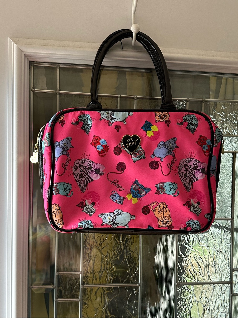 Betsey Johnson Hot Pink Cat & Butterfly Top-Handle Travel Bag
